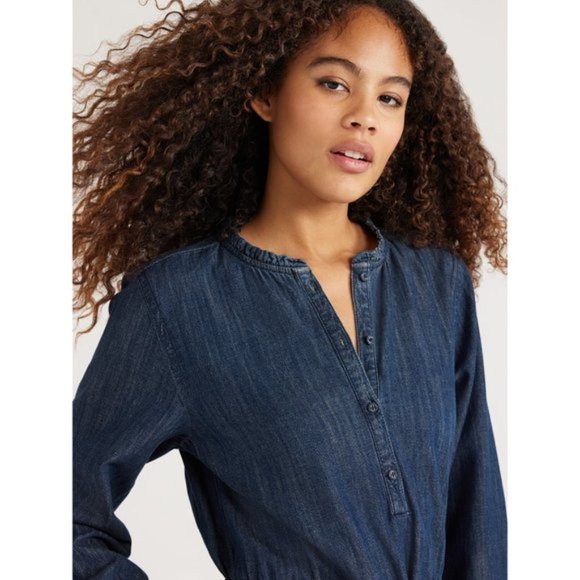 Free Assembly Women’s Denim Ruffle Neck Mini Dress - Picture 4 of 5